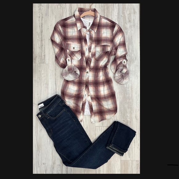 Tops - Burgundy Flannel Print Button Down Shirt